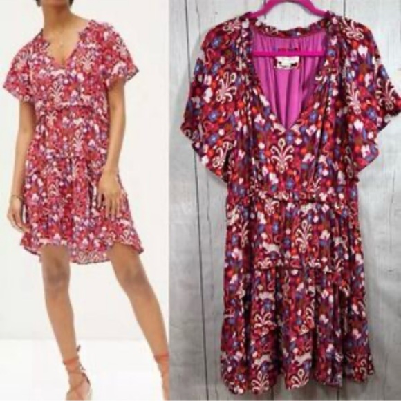 Anthropologie Red and Blue Floral Mini Dress. Boho chic Quiet luxury/Beach wear - Picture 4 of 8